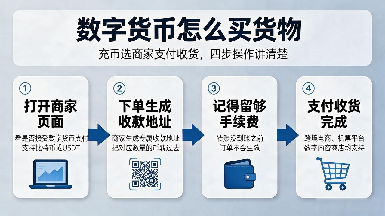 数字货币怎么买货物，充币选商家支付收货，四步操作讲清楚